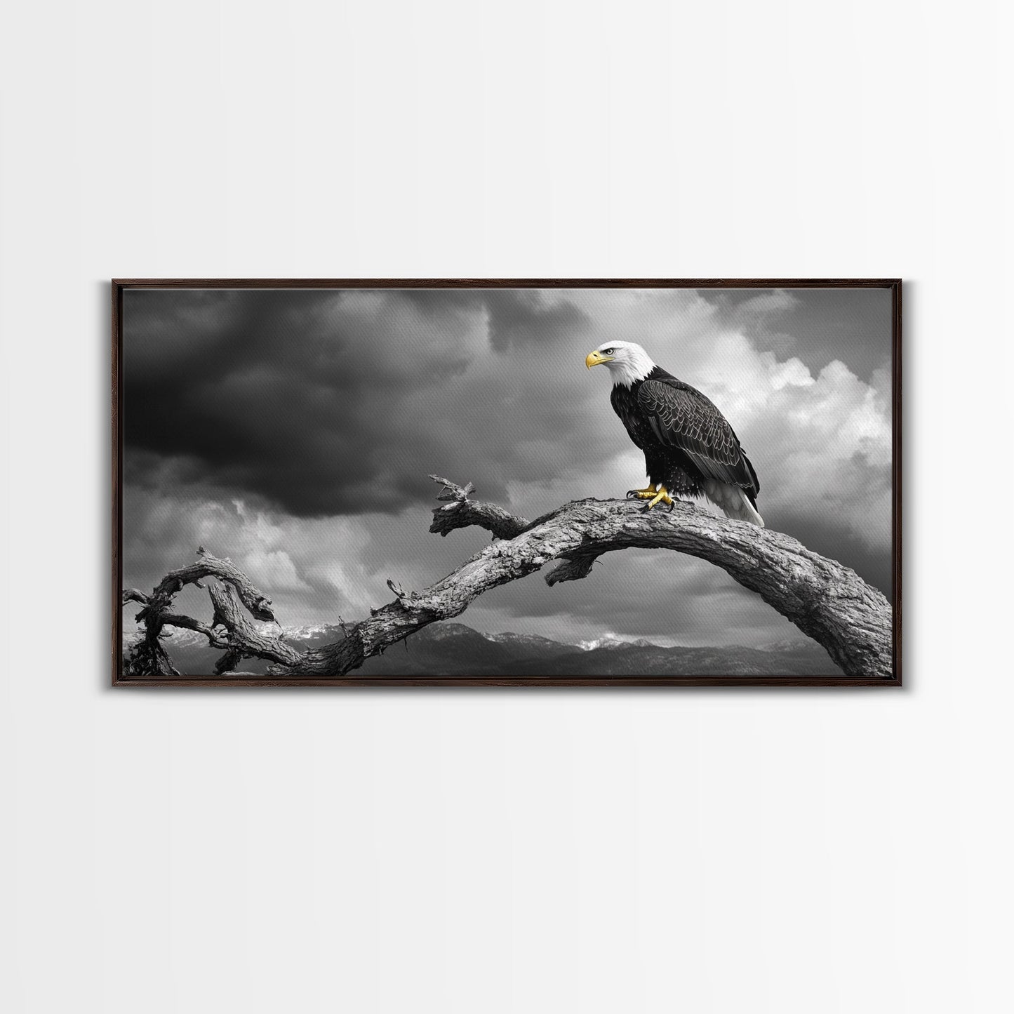 Eagle, Branch, Storm, Power and grace collide in this Framed Canvas Print of a majestic eagle perched before a storm, Living Room Wall Art