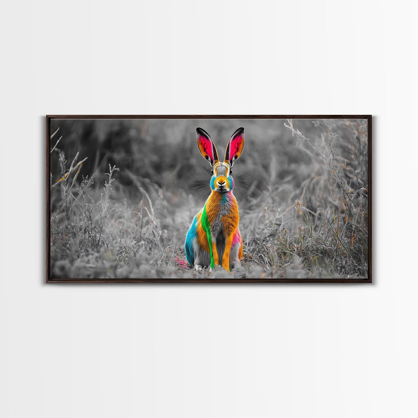 Rainbow Rabbit, Colorful Bunny, Surreal Wildlife, Nature Fantasy – Canvas Print, Kids Room Wall Art, Whimsical Decor, Modern Animal Art