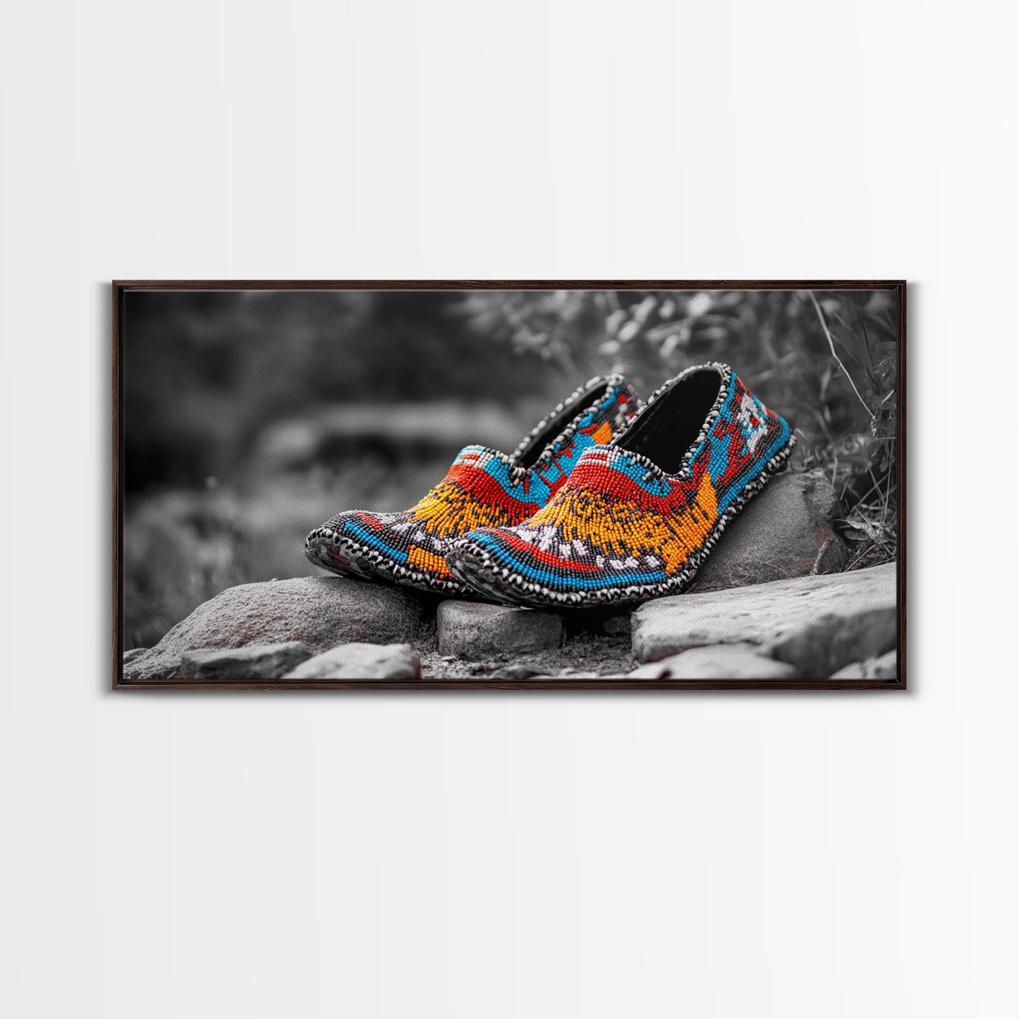 Native Beaded Shoes, Color Pop, Bohemian Style, Tribal Art, Framed Canvas Print, Rustic Wall Art, Entryway Decor, Ethnic Home Accent