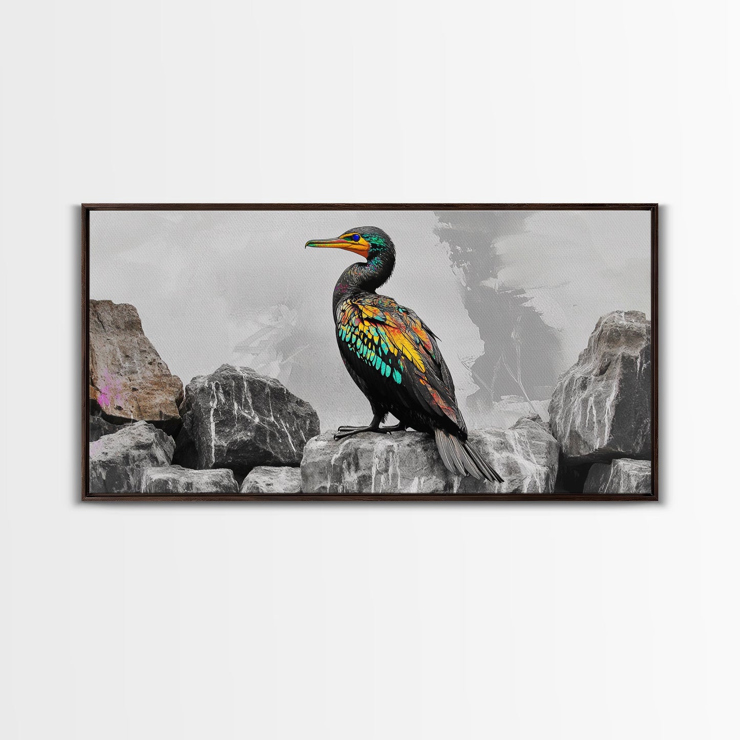 Vibrant Sea Bird, Colorful Wildlife Perch, Artistic Bird Feathers, Framed Canvas Print, Nature Wall Art, Office Decor, Boho Animal Style