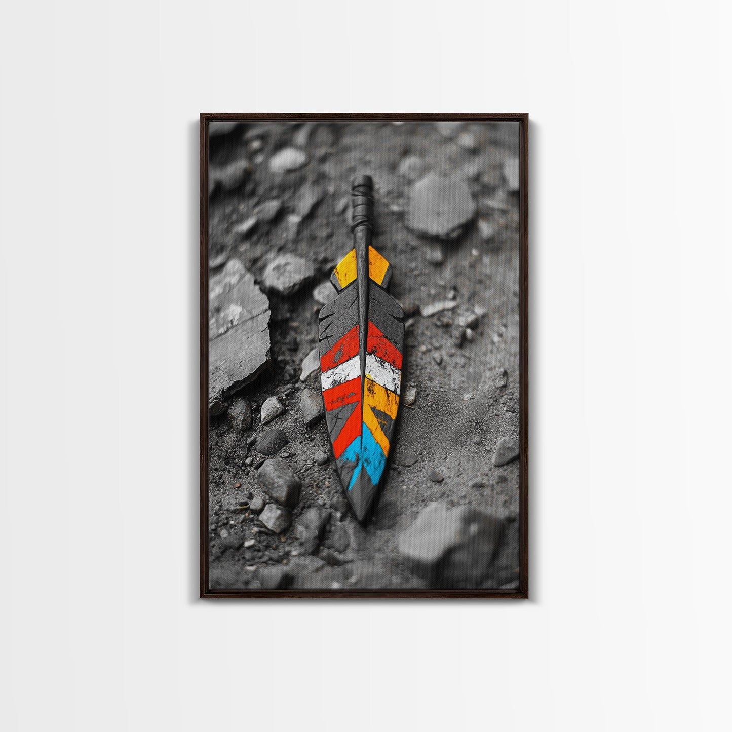 Tribal Feather, Painted Arrow, Rustic Stone Ground, Canvas Print, Boho Wall Art, Native Inspired Decor, Color Pop Rustic Style