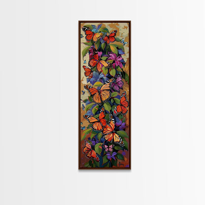 Colorful Butterfly Vertical Framed Canvas Oil Painting, Abstract Botanical Wall Art, Gouache Style Painted Art, Housewarming Gift for Her