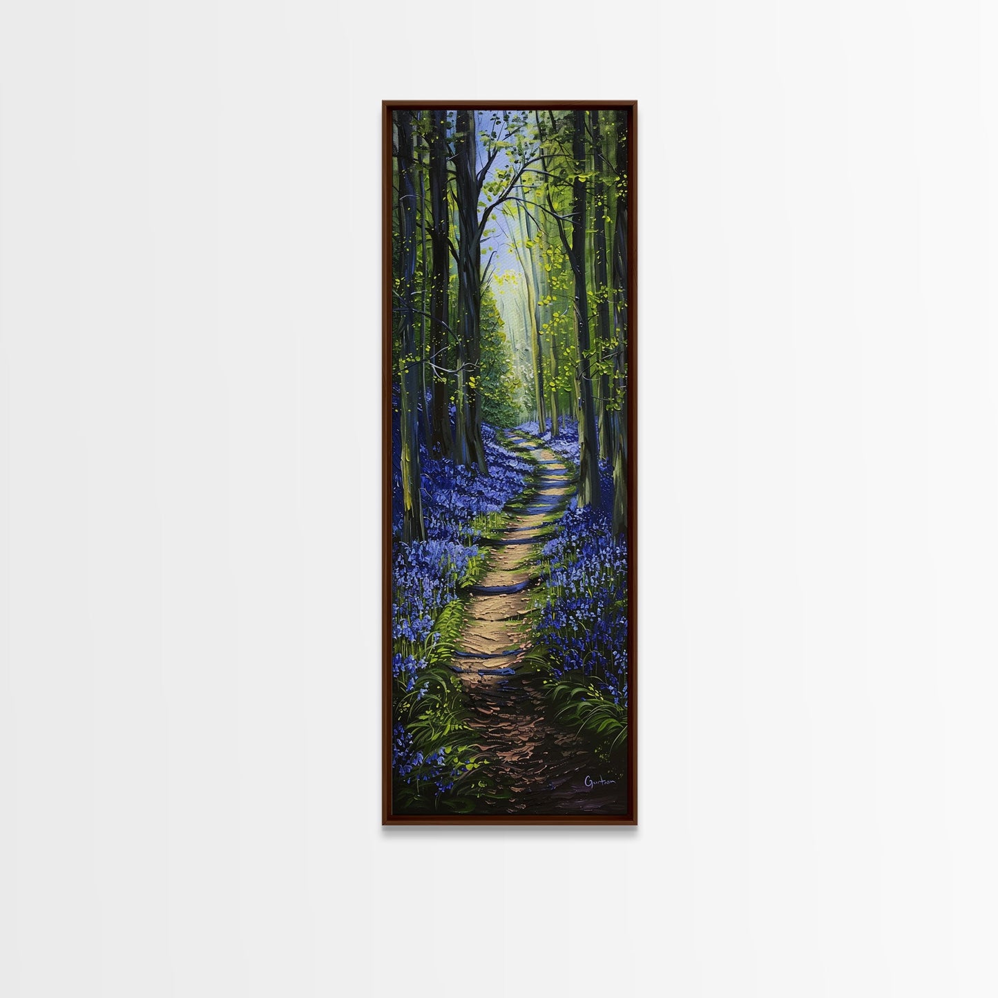 Pathway Through Enchanting Bluebell Woods in Tall Skinny Art Framed Canvas Print for Peaceful Wall Decor and Interior Design