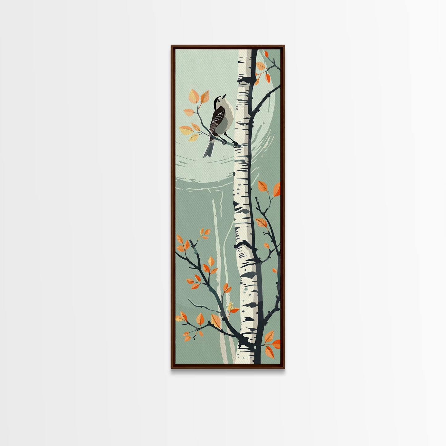 Skinny Art Bird On Birch Tree In Japanese Style Wood Block Print Autumn Tones On Framed Canvas Print, Tall Art Ukiyo-e