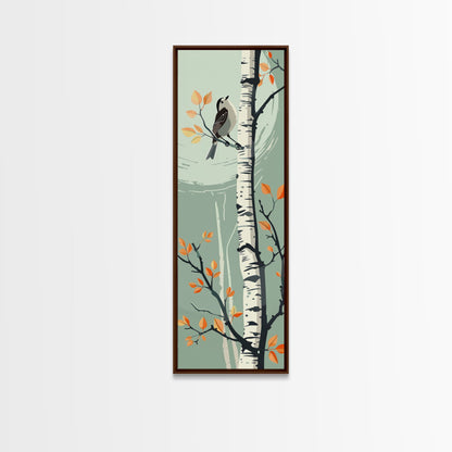 Skinny Art Bird On Birch Tree In Japanese Style Wood Block Print Autumn Tones On Framed Canvas Print, Tall Art Ukiyo-e