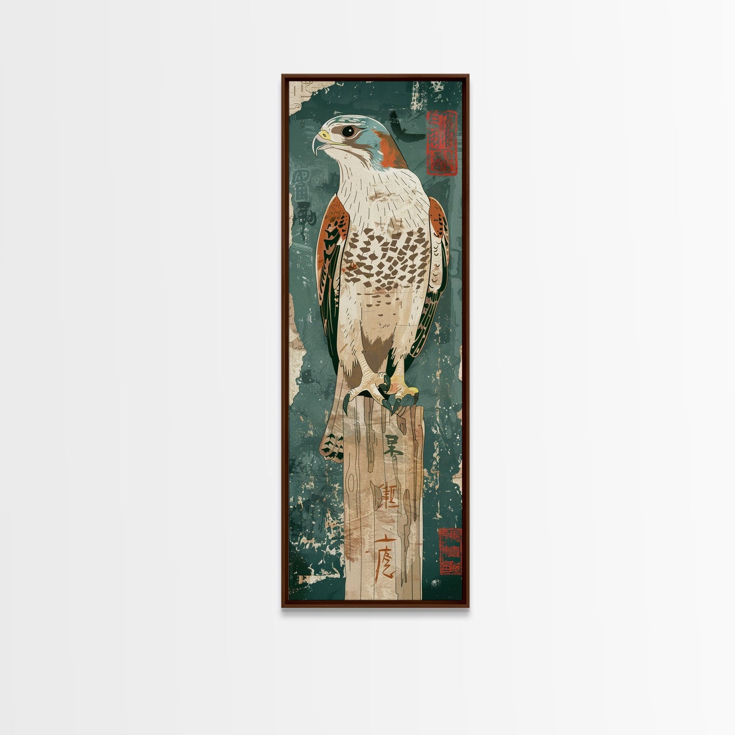 Majestic Hawk Perched On Weathered Stump Textured Background Skinny Art Tall Art Framed Canvas Print Japanese Style Art Ukiyo-e Art Wood Block Print