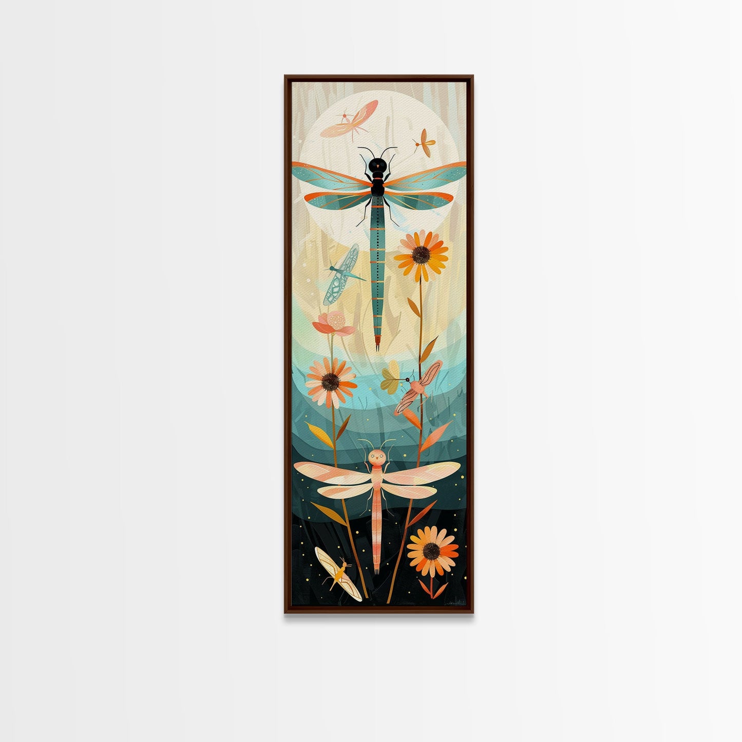 Dragonfly Gathering Night Glow Vibrant Colors Skinny Art Tall Art Framed Canvas Print Japanese Style Art Ukiyo-e Art Wood Block Print Insect Art
