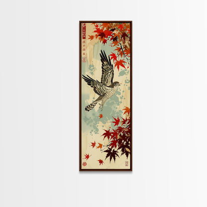 Hawk In Flight Among Red Maple Leaves Tall Art Skinny Art Framed Canvas Print Japanese Style Art Ukiyo-e Wood Block Print