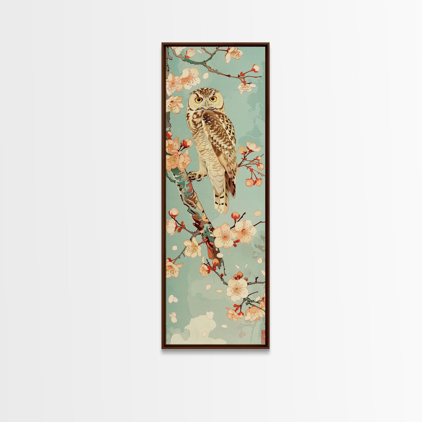 Owl Cherry Blossom Tree Traditional Japanese Tall Wall Art Skinny Framed Canvas Print Ukiyo-e Style