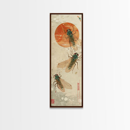 Detailed Depiction Of Cicadas Against Warm Sunset Background Ukiyo-e Skinny Tall Wood Block Framed Canvas Print Japanese Style Art