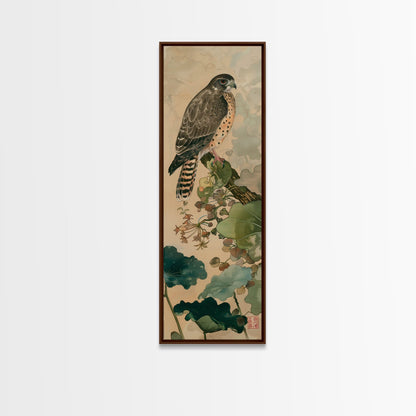 Majestic Hawk Perched Among Verdant Foliage Ukiyo-e Tall Skinny Wood Block Framed Canvas Print Japanese Style Art