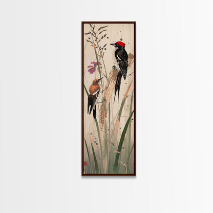 Detailed Woodpeckers Perched On Stems Amid Nature For Rustic Wall Art Ukiyo-e Japanese Style Art Skinny Framed Canvas Print