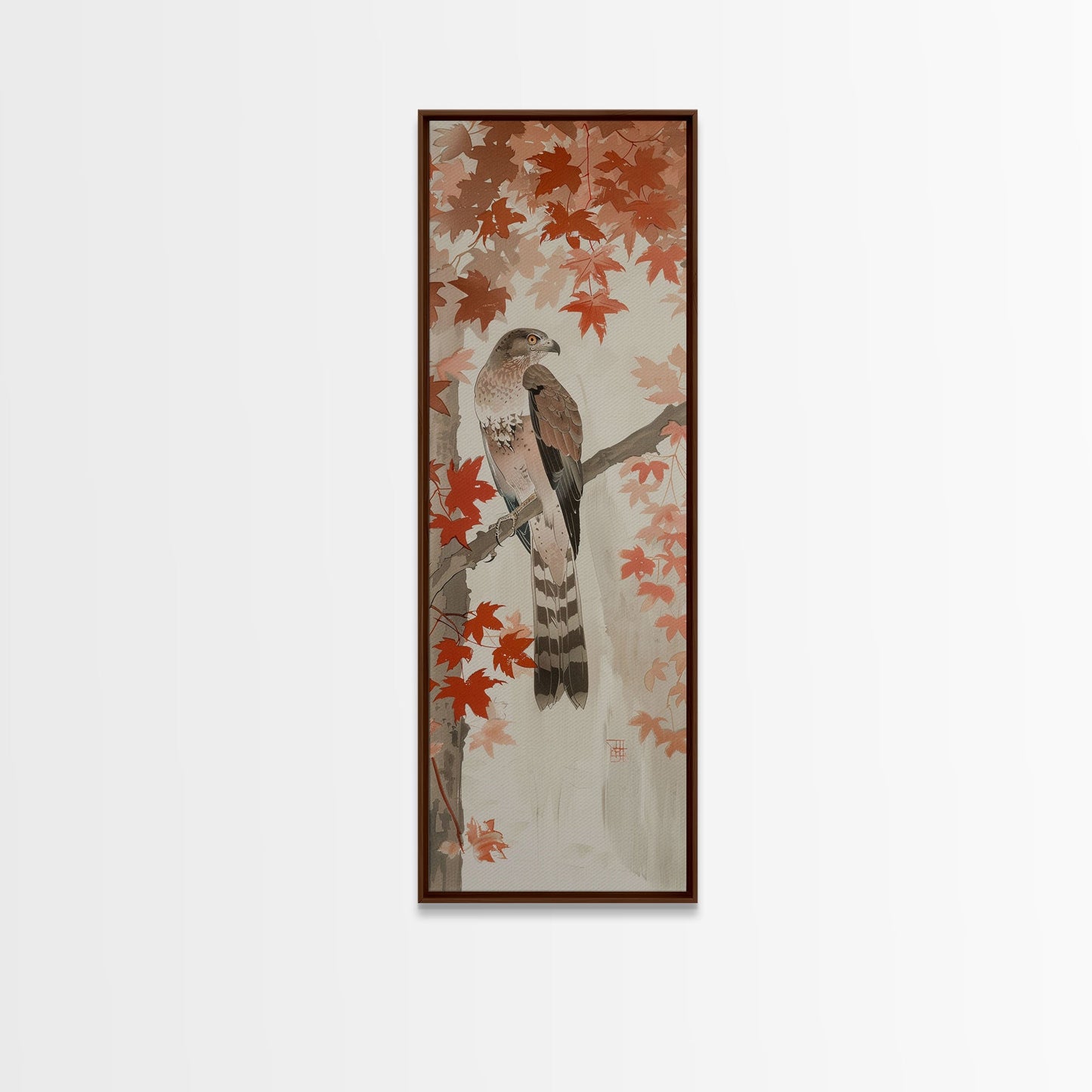 Majestic Hawk Perched Among Autumn Leaves, Framed Canvas Print In Skinny Tall Style, Japanese Style Art For Feng Shui Wall Art