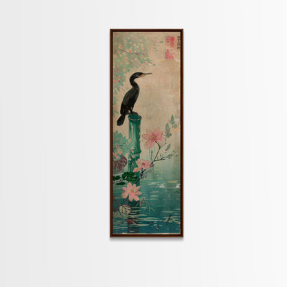 Tall Skinny Art Japanese Style Wood Block Print Bird Perched On Bamboo By A Pond With Flowers In Ukiyo-e Style For Framed Canvas Print