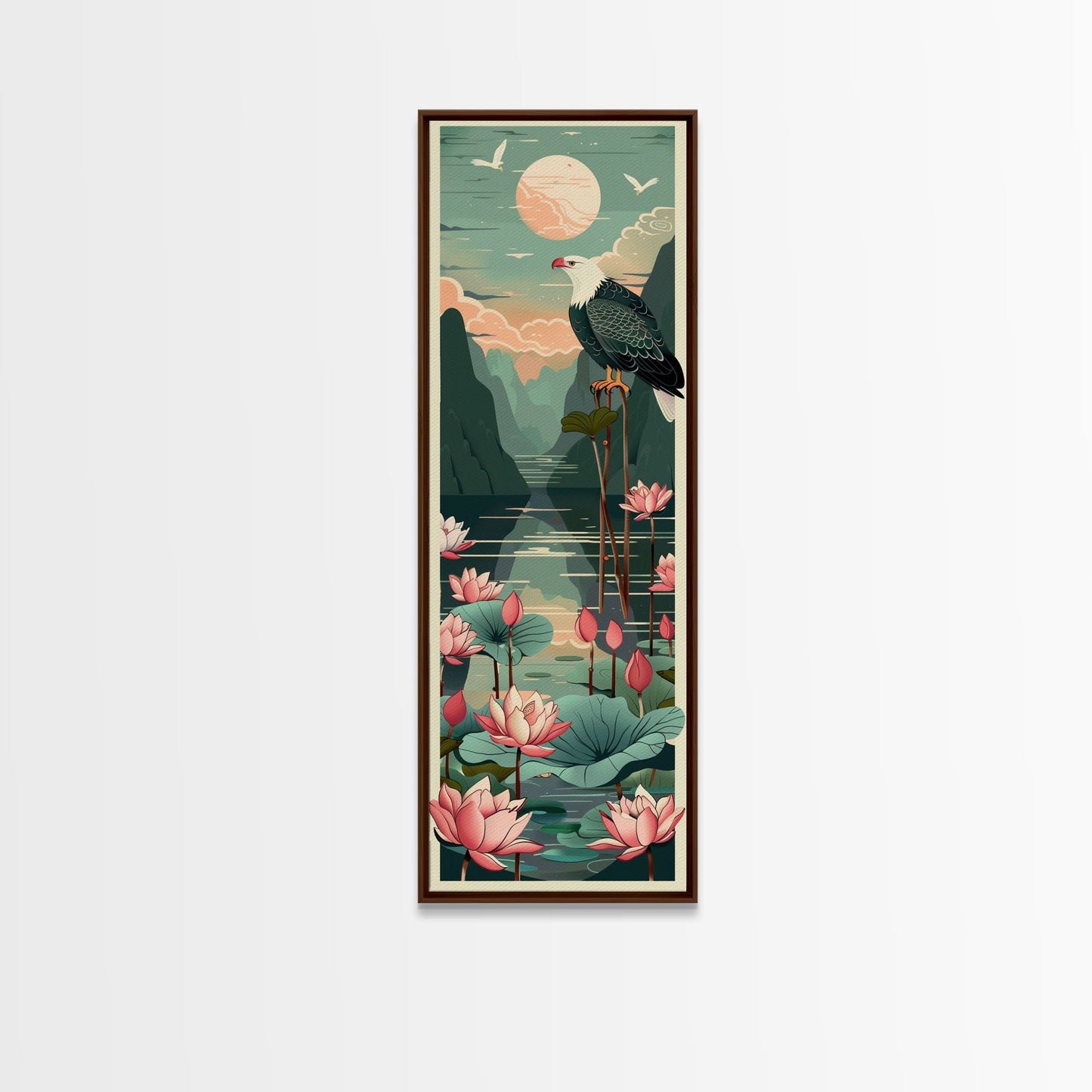 Majestic Eagle Over Lotus Pond Skinny Art Tall Art Japanese Ukiyo-e Inspired Nature Framed Canvas Print for Home and Office