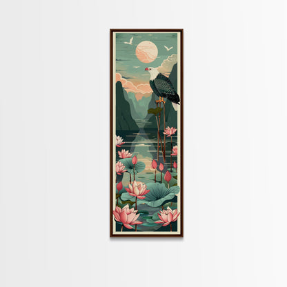 Majestic Eagle Over Lotus Pond Skinny Art Tall Art Japanese Ukiyo-e Inspired Nature Framed Canvas Print for Home and Office