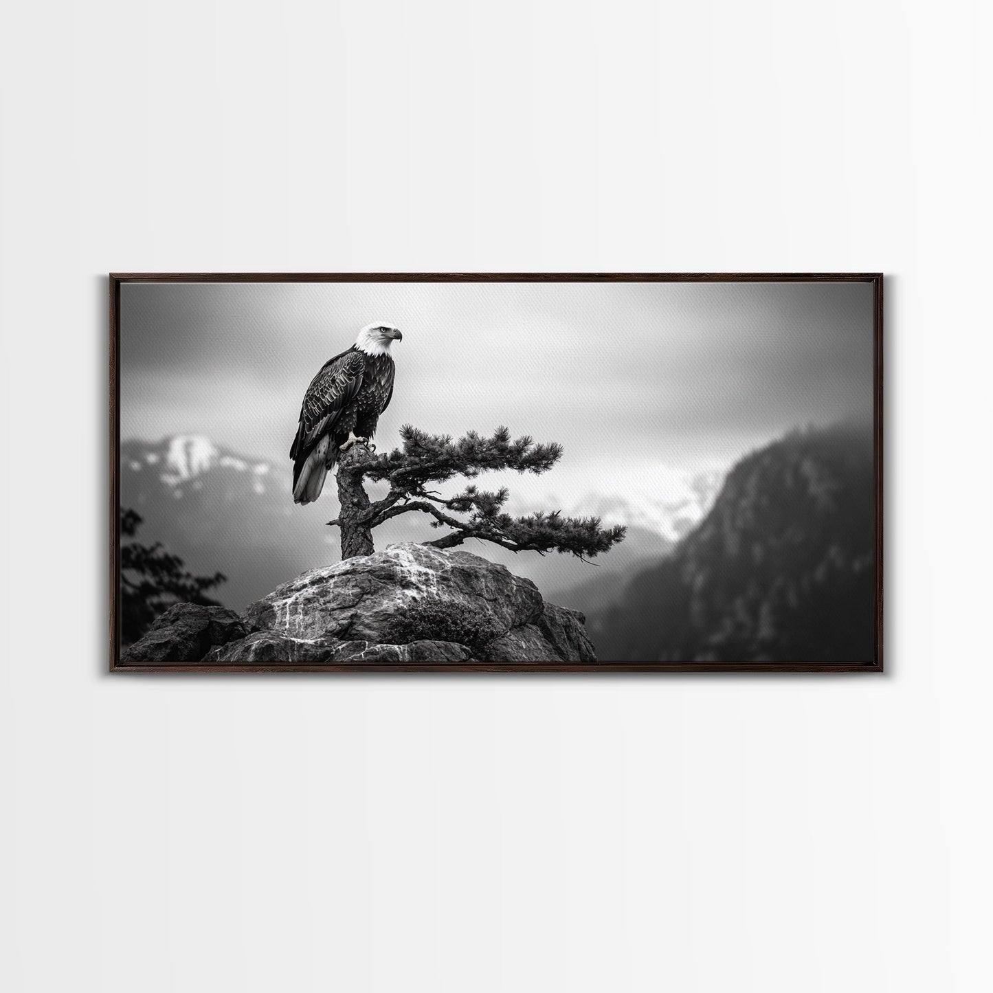 Majestic Bald Eagle, pine tree art, bird art, nature photography, mountain painting, wildlife art, extra wide art, framed canvas print