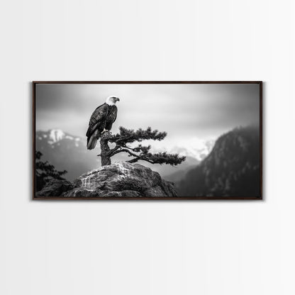 Majestic Bald Eagle, pine tree art, bird art, nature photography, mountain painting, wildlife art, extra wide art, framed canvas print