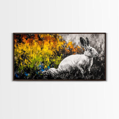 White Rabbit, whimsical art, forest at dusk painting, rustic wall art, farmhouse art, wildflower painting, Framed Canvas Print, cozy decor