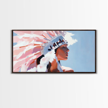 Native American Art, Woman in Headdress, Southwest Wall Art, Cultural Portrait, Framed Canvas Print, Extra Wide Art, Rustic Decor