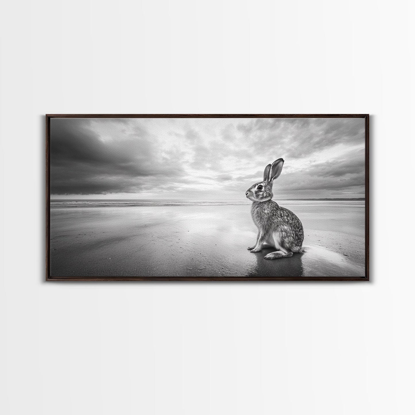 Rabbit Beach, whimsical art, coastal decor, animal painting, nature wall art, moody art, soft neutral tones, beach photography, Canvas Print