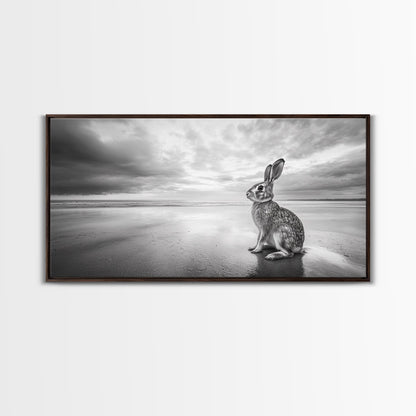 Rabbit Beach, whimsical art, coastal decor, animal painting, nature wall art, moody art, soft neutral tones, beach photography, Canvas Print