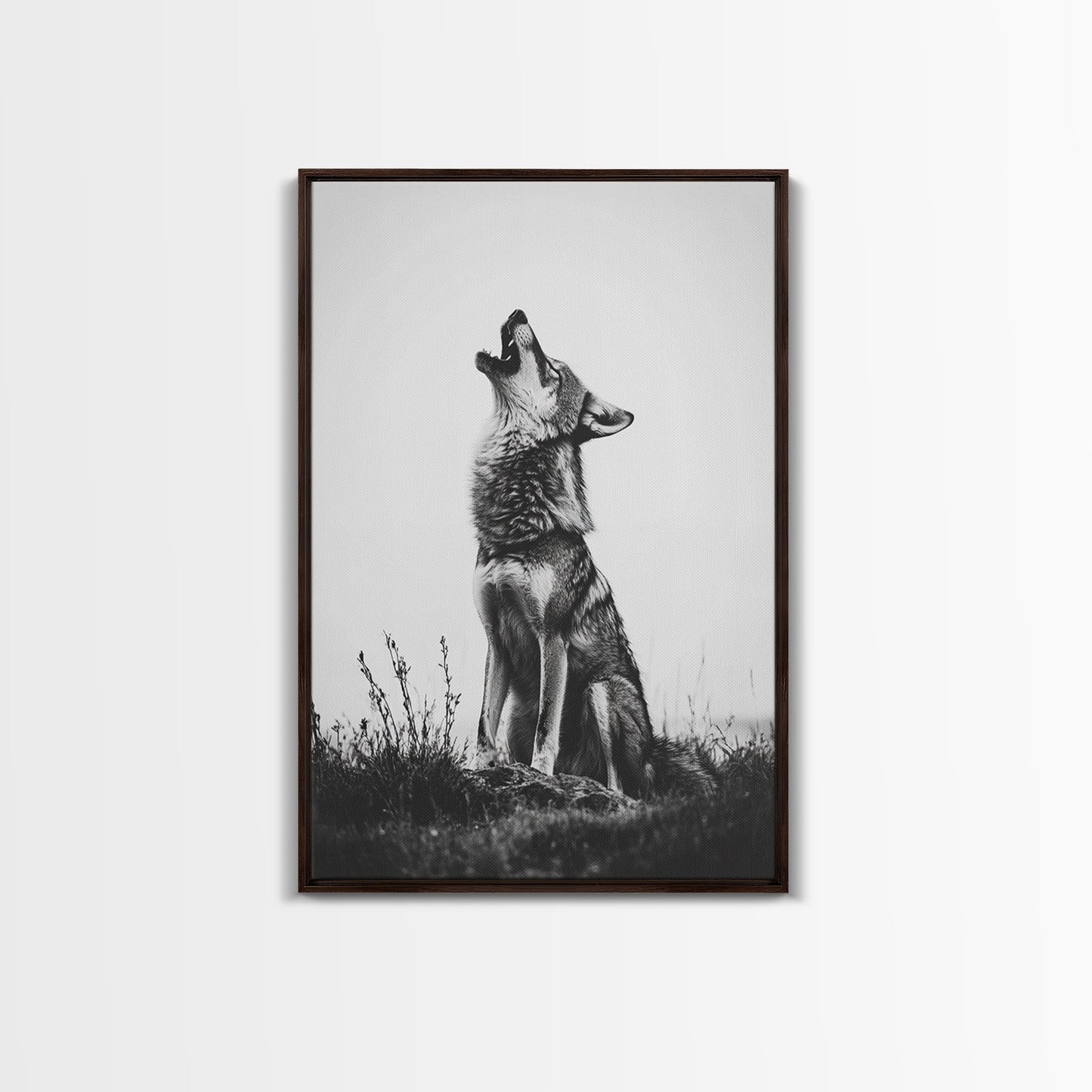 Howling Wolf, wildlife art, moody art, rustic decor, nature photography, black and white animal print, framed canvas print, minimalist art
