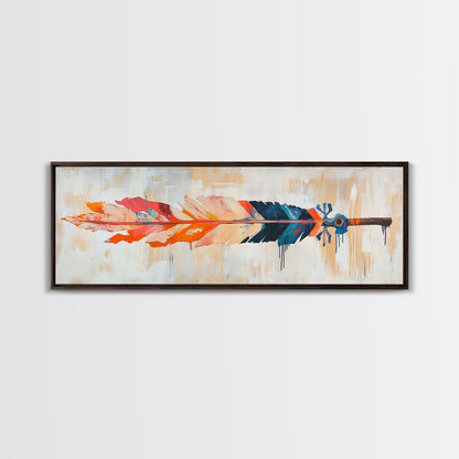 Colorful feather, native art, southwestern decor, rustic wall art, boho art, framed canvas print, extra wide art, tribal painting