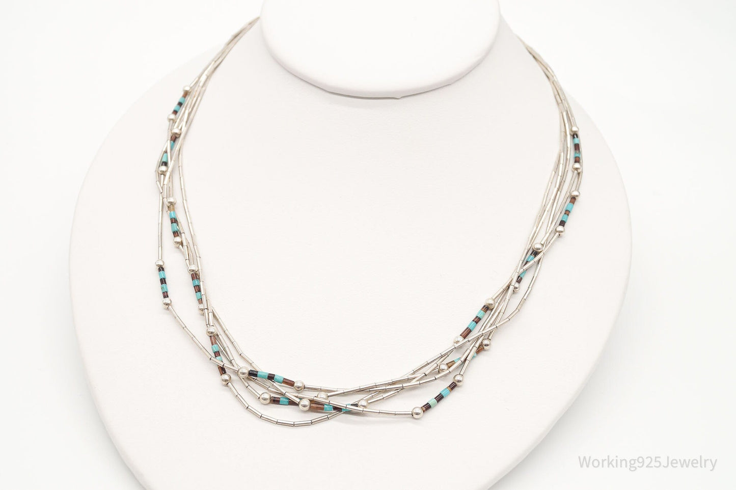 Vintage Native American Multi Gemstone Bead Sterling Silver Chain Necklace