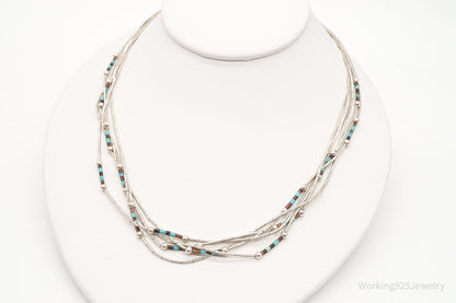 Vintage Native American Multi Gemstone Bead Sterling Silver Chain Necklace