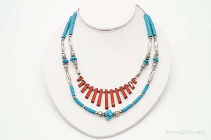 Vintage Native American Red Jasper Blue Turquoise Silver Bead Necklace 24"