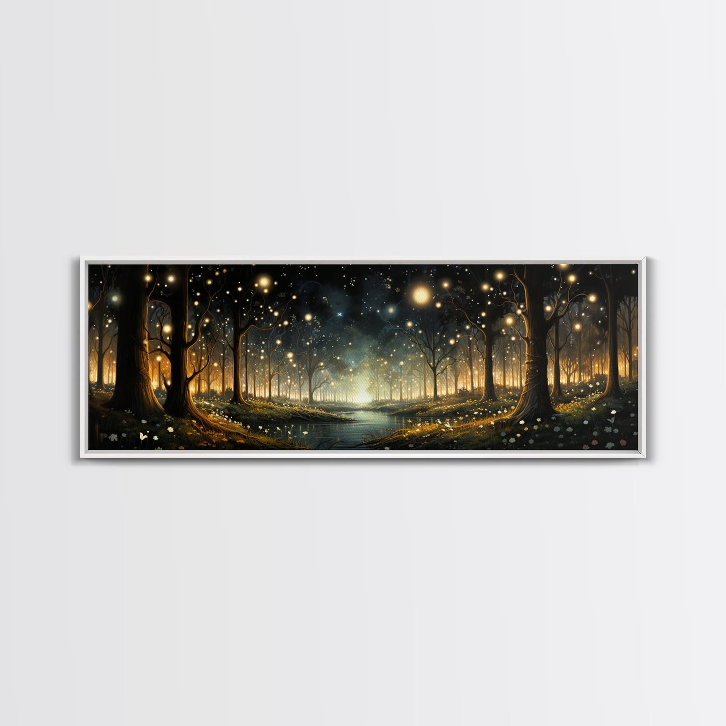 Fantasy Forest Fireflies - Framed Canvas Print - Gorgeous Fantasy Art with Glowing Lightning Bugs - Framed Wall Art for a Magical Touch