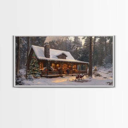Cozy Christmas Cabin in Woods Framed Canvas Print - Rustic Christmas Decor and Winter Wonderland Scene with Holiday Wall Art