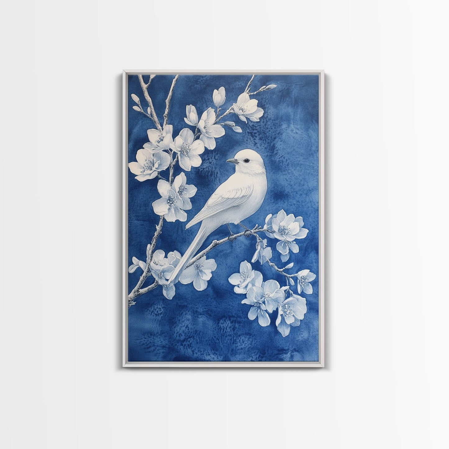 Blue Botanial Wall Art Chinoiserie Wall Art, White Bird, Blue Chinoiserie Home Decor, Botanical Print, Bird Painting, Framed Canvas Print
