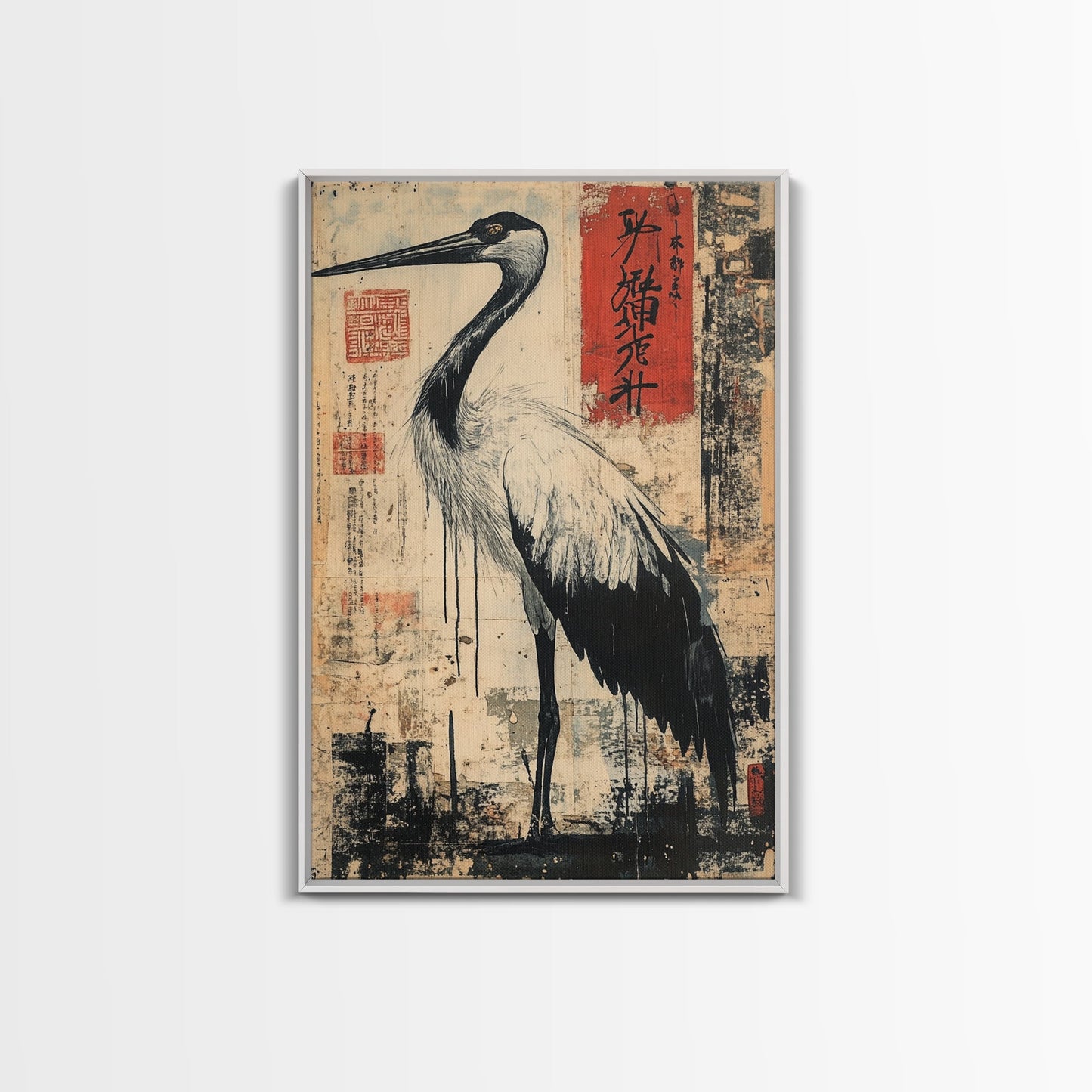 Blue Heron Wall Art Framed Canvas Print Ready To Hang, Japanese Style Wabi Sabi Art, Coastoal Decor