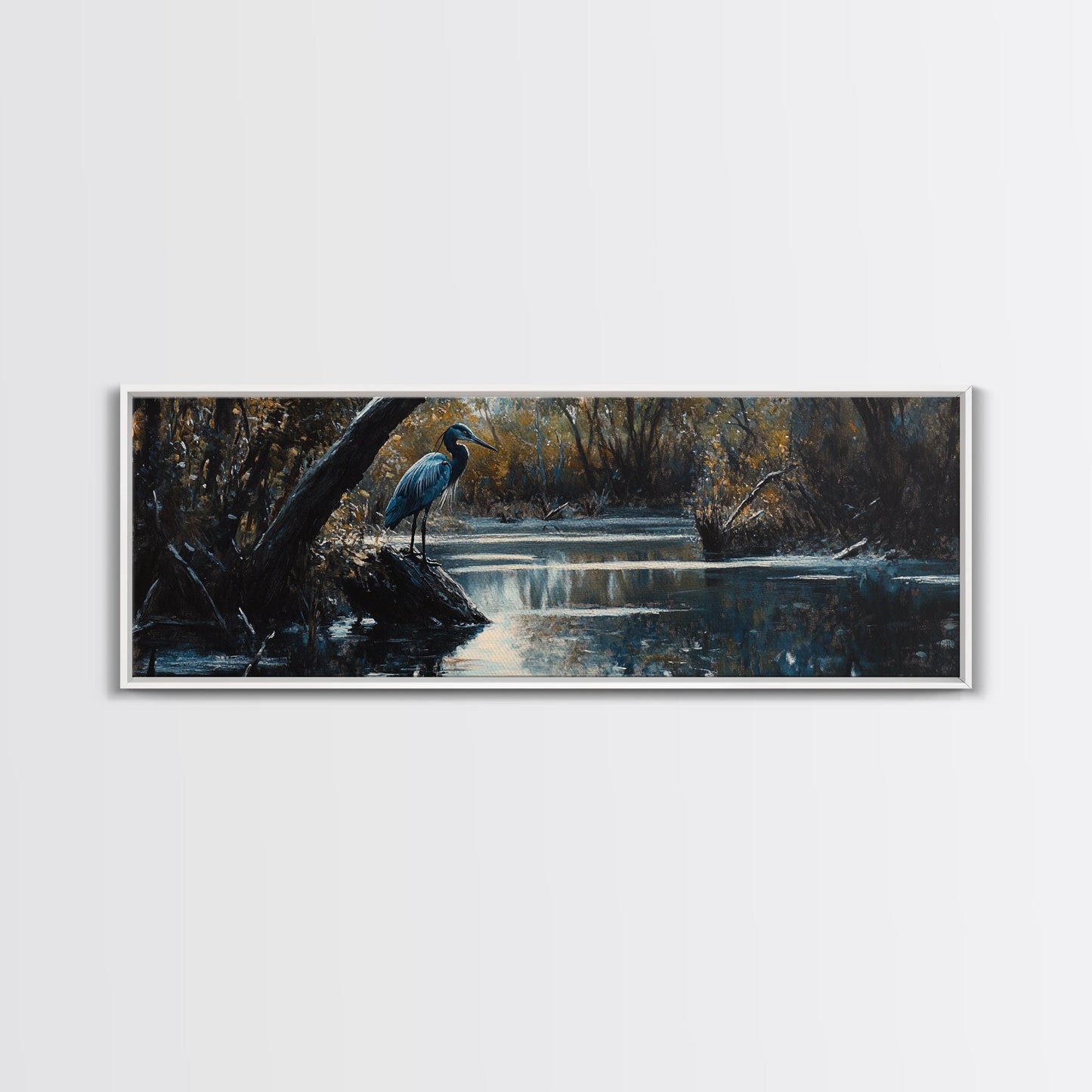 Blue Heron Wall Art, Framed Canvas Print, Nautical Home Decor, Blue Heron Painting, Panoramic Horizontal Wall Art