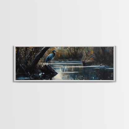 Blue Heron Wall Art, Framed Canvas Print, Nautical Home Decor, Blue Heron Painting, Panoramic Horizontal Wall Art