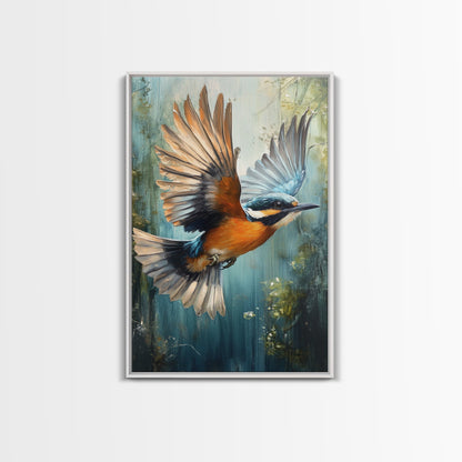 Blue Kingfisher Bird Canvas Print | Vibrant Nature Painting Wall Art | Wildlife Rustic Art Above Sofa | Whimsical Bird Original Artwork