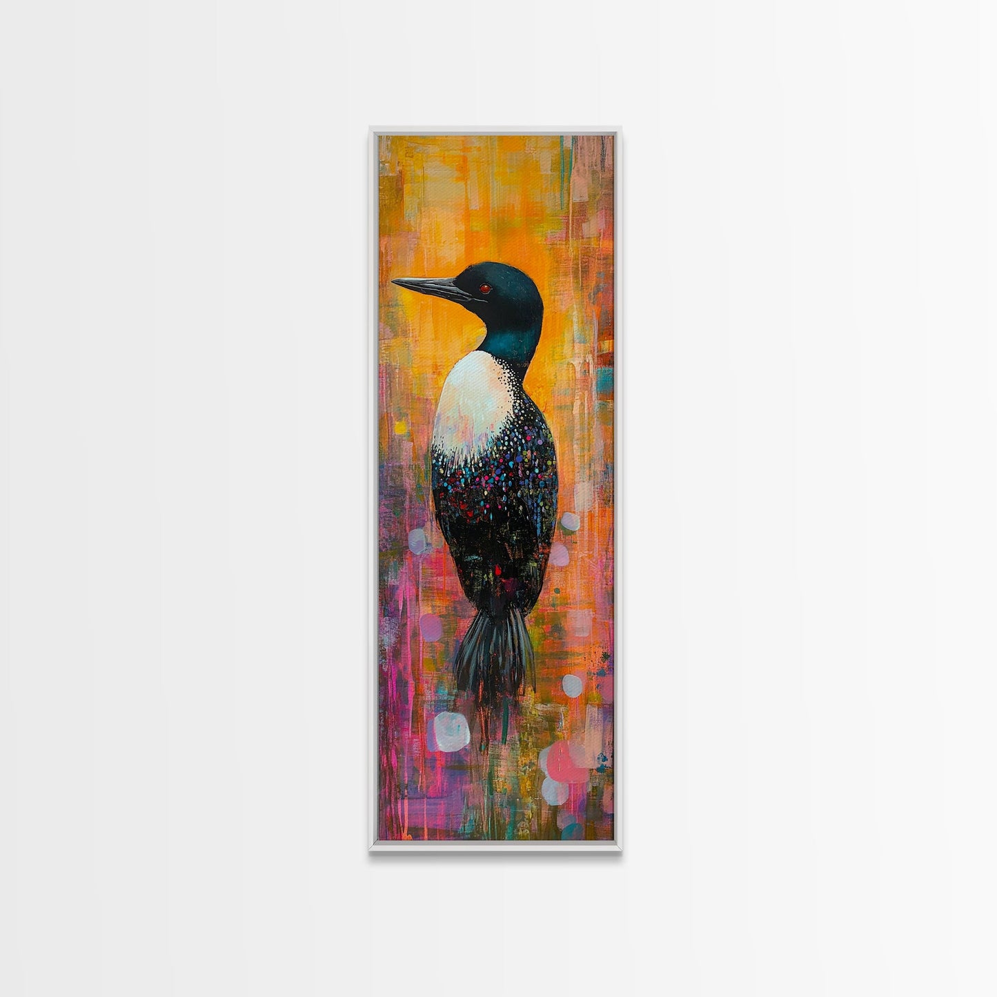 Loon painting, bird art, whimsical art, colorful art, tall narrow art, framed canvas print, moody art, bedroom decor, modern style