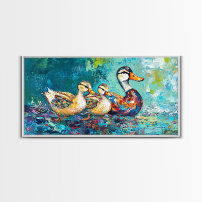 Duck Family, bird art, whimsical art, teal wall art, gift idea for her, landscape painting, extra wide art, Framed Canvas Print