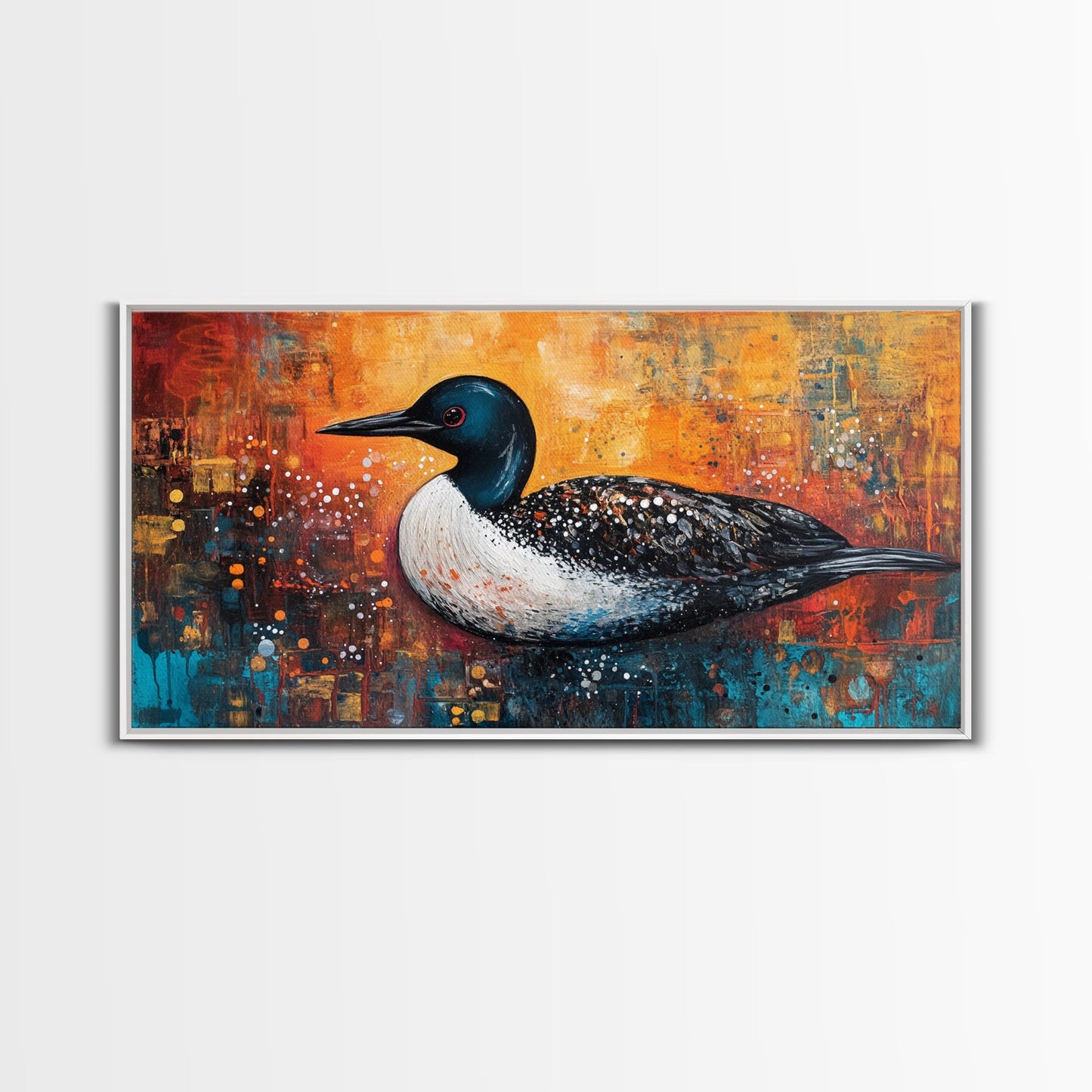 Loon Bird Painting, bird art, wildlife art, nature painting, teal wall art, framed canvas print, lake decor, rustic wall art