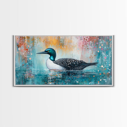 Loon Swimming Art, bird art, teal wall art, nature painting, lake decor, moody art, framed canvas print, rustic wall art