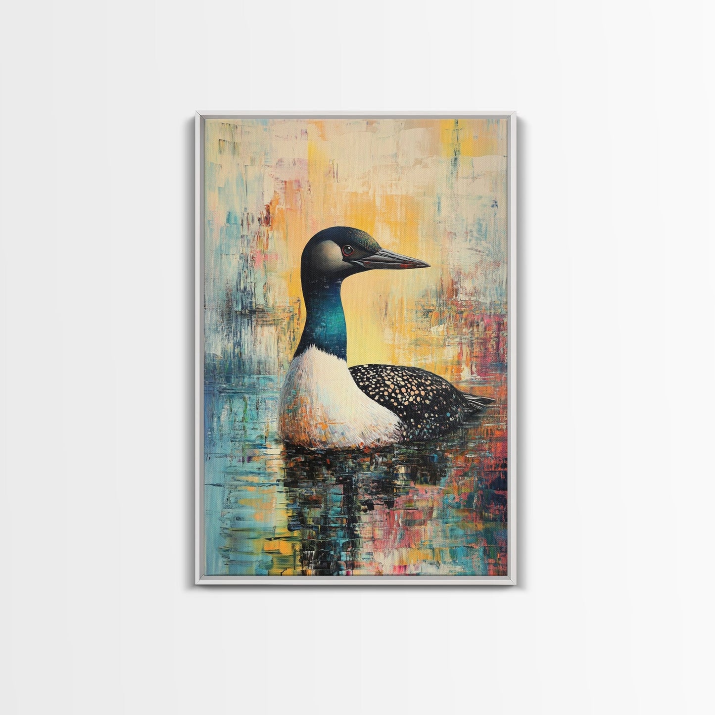 Loon Painting, bird art, blue and green wall art, moody art, gift idea for him, rustic decor, Framed Canvas Print, above couch art
