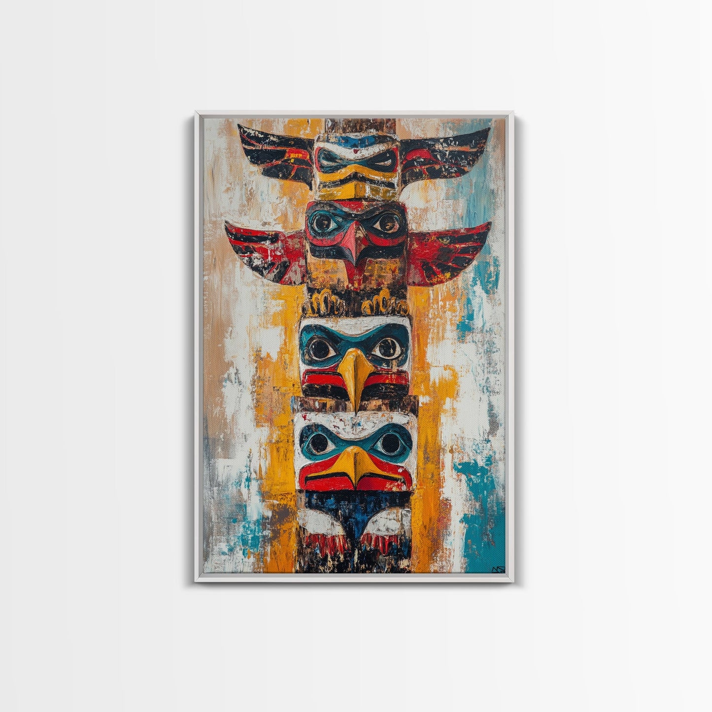 Totem Pole Art Framed Canvas Print Rustic Wall Decor Native American Art Tribal Home Decor Lodge Artwork Cabin Wall Art Southwest Boho