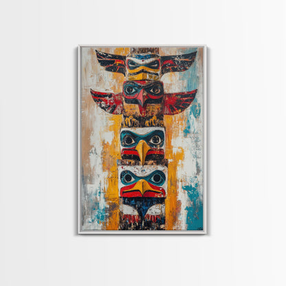 Totem Pole Art Framed Canvas Print Rustic Wall Decor Native American Art Tribal Home Decor Lodge Artwork Cabin Wall Art Southwest Boho