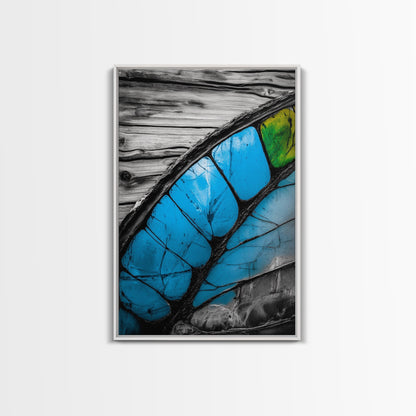 Butterfly Wing Close-up, Nature Photography, Framed Canvas Print, Rustic Wall Art, Minimalist Decor, Blue Abstract Art, Bedroom Wall Decor