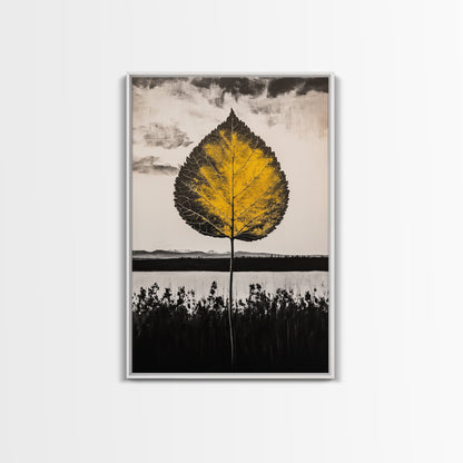 Golden Leaf, Minimalist Nature, Autumn Wall Art, Botanical Decor, Framed Canvas Print, Living Room Art, Black and White, Nature Print