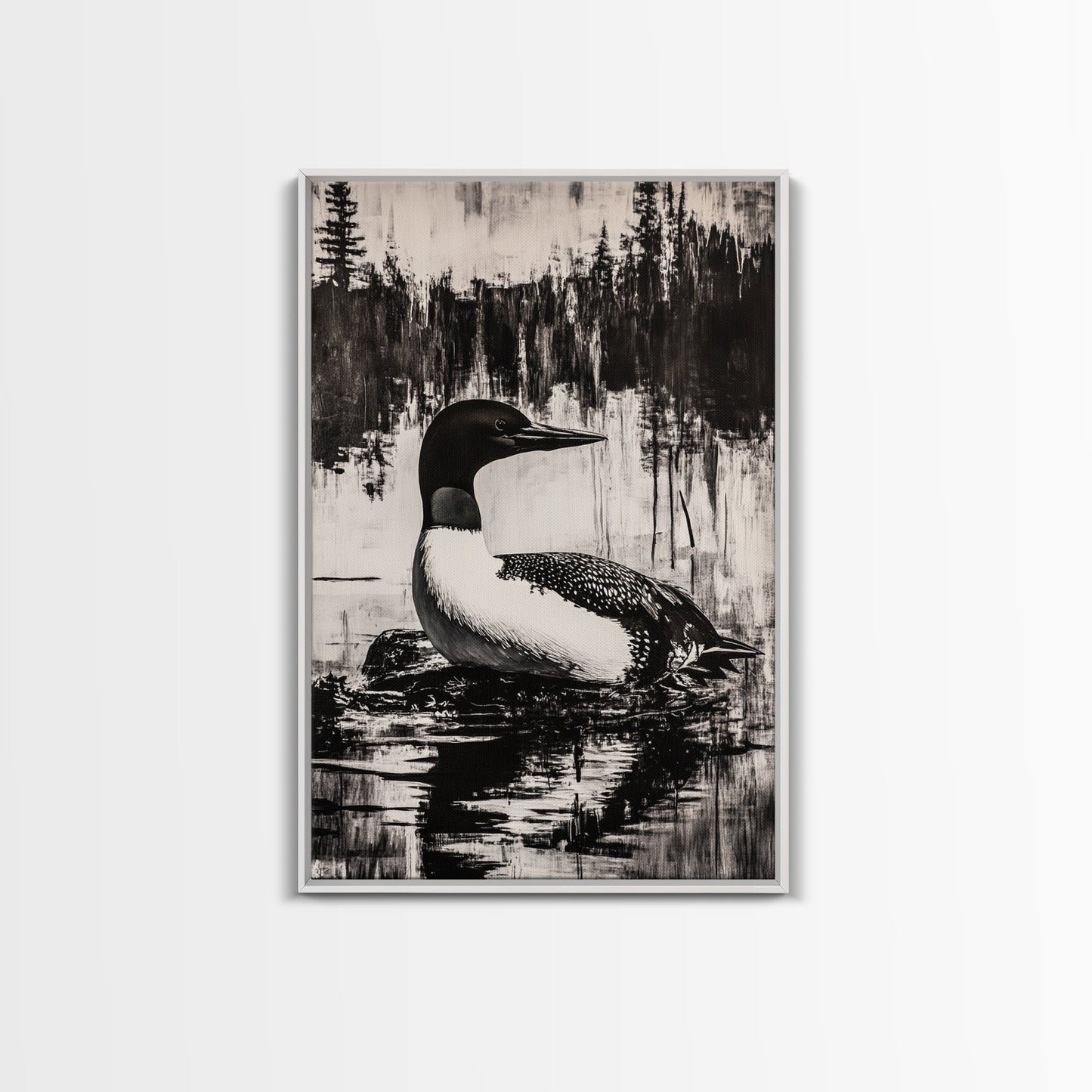 Loon, Lake Reflection, Nature Wall Art, Framed Canvas Print, Black and White Art, Minimalist Decor, Cabin Wall Art, Rustic Home