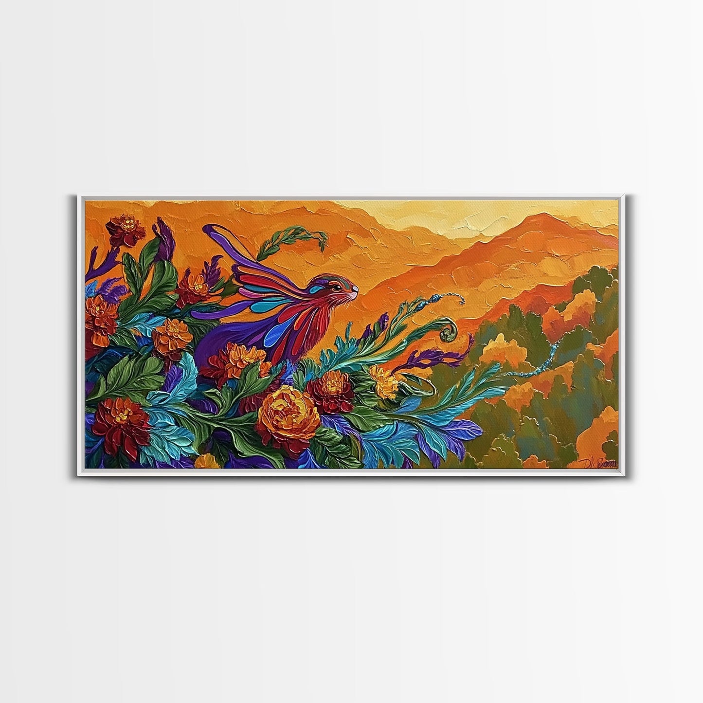 Rabbit Flowers, Fantasy, Autumn, Framed Canvas Print, Whimsical Fall Wall Art, Nursery Decor, Woodland Animal Art, Boho Autumn Style