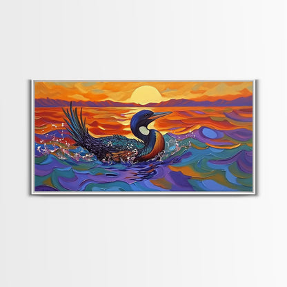 Sunset Loon, Splash, Painting, Framed Canvas Print lakehouse wall art, coastal bathroom decor, vibrant nature print, ocean artwork